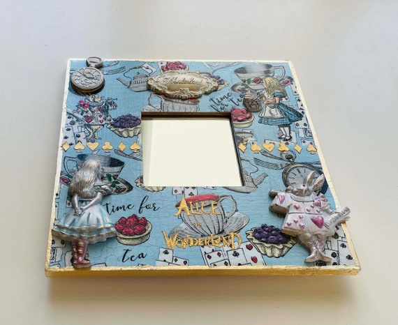 Wall Mounted Square Mirror in Blue Frame Alice in Wonderland