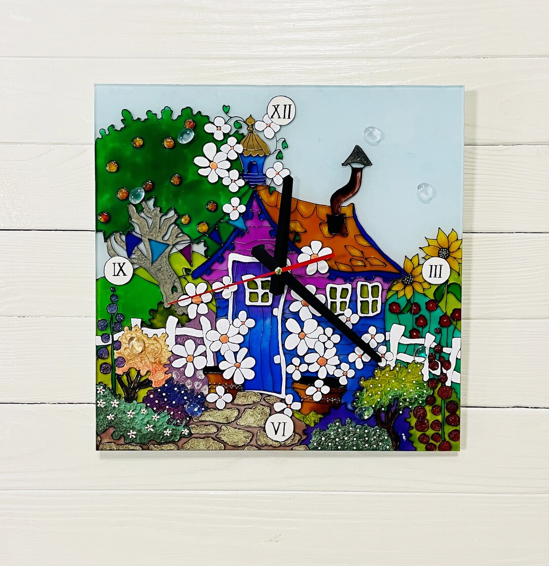 Stained Glass Wall Clock Blossoming House 1414, Hand Painted Wall Clock