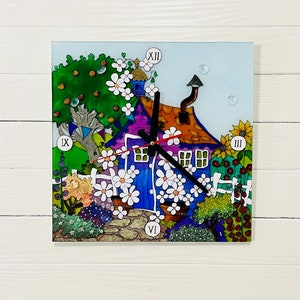 Stained glass wall clock Blossoming House 14*14&quot;, Hand Painted Wall Clock, Stained glass painting, Wall hanging
