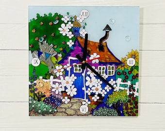 Hand Painted Stained Glass Wall Clock, Blossoming House Garden, 12 Inch Square Home Decor