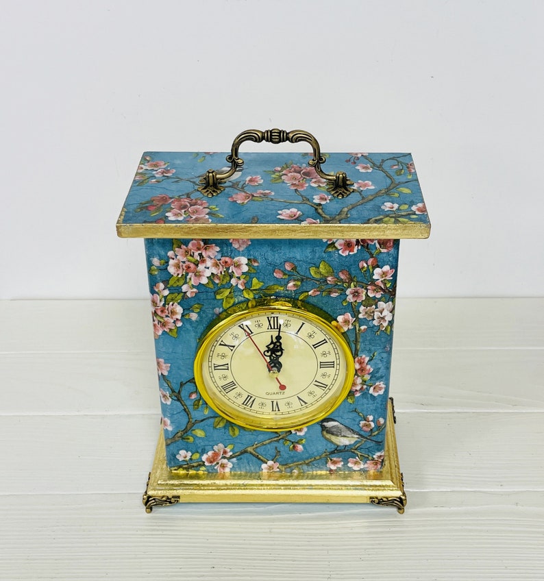 Blue mantel clock Chinoiserie Birds, Carriage Clock, Fireplace clock, Flowers Border Print, Table clock image 6