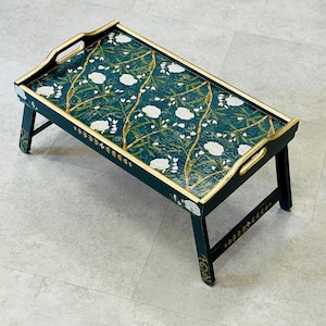 Wooden serving table, Pre-order, Green folding table tray, Breakfast table with legs, Laptop tray, Breakfast in bed tray