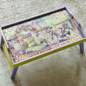 Breakfast table with legs LAVANDULA, Ready to ship, Folding breakfast tray, Laptop stand, Mint lilac tray box, Decorative Serving table