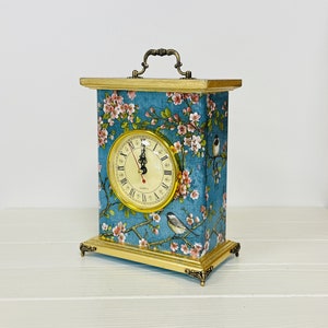 Blue mantle clock Chinoiserie Birds, Carriage Clock, Fireplace clock, Flowers Border Print, Table clock