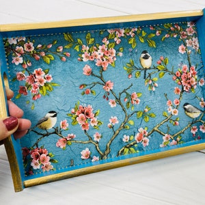 Tray Chinoiserie Birds 20*30cm, Breakfast in bed tray, Desk organization, Wooden kitchen decor, Blue serving tray