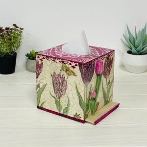 Handmade Tulip Decoupage Tissue Box Cover, Rustic Floral Decor, Square Floral Mirror