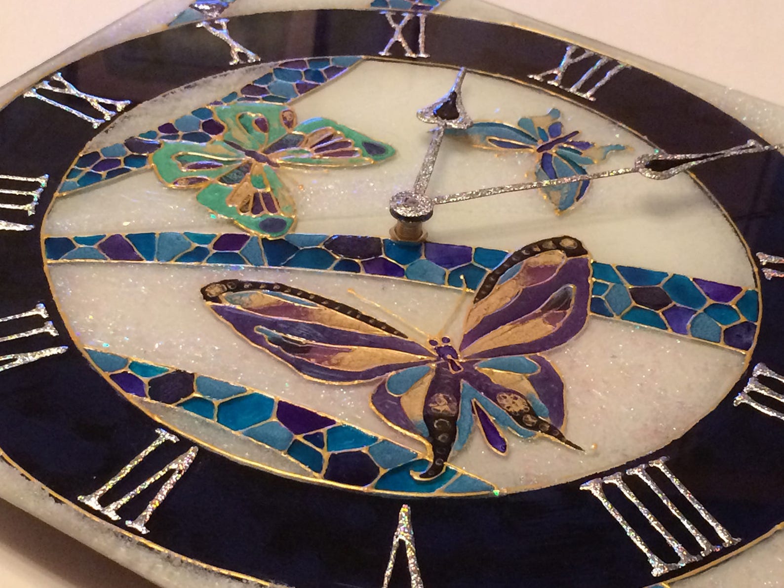 Stained glass wall clock Blue Butterflies Unique wall clock Etsy