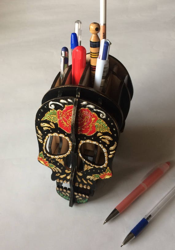 Skull Roses Pen Stand Desk Holder Organizer Pencil Cup Decor Interior