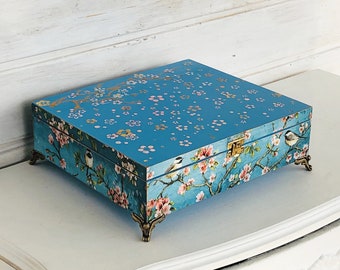 Caja de té con forma de pájaro de estilo chinoiserie, almacenamiento de madera con 12 compartimentos
