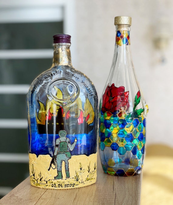 Bouteilles décoratives en vitrail, Ensemble de 2 bouteilles
