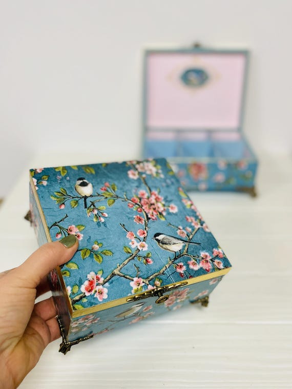 Blue tea box with compartments, Accesory Holder, Storage box Chinoiserie Birds, Desk organization, Trinket box, Kitchen decor
