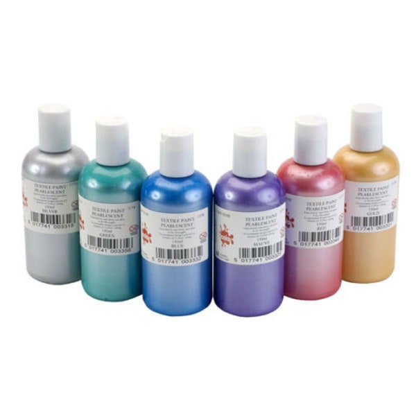 Set 6 X 150ml Pearlescent Colour Fabric Textile Paints Metallic Pearl Finish Dye