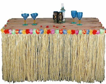 Hawaiian Party Grass Table Skirt Fringe Hanging Decoration with Flowers HW001