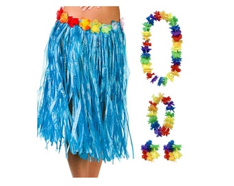 Blue-Hawaiian Lei Hula 60cm Grass Skirt & 4 Piece Flower Garland Adult Set