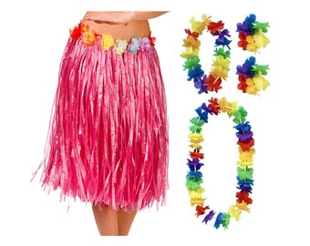 Pink-Hawaiian Lei Hula 60cm Grass Skirt & 4 Piece Flower Garland Adult Set