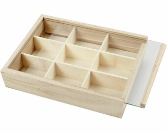 Wooden 9 Section Storage Display Compartment Box with Sliding Glass Cover 57454