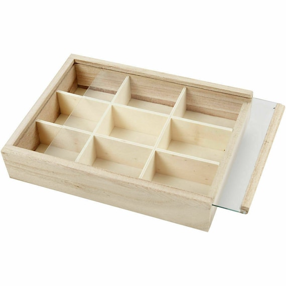 Wooden 9 Section Storage Display Compartment Box With Sliding Glass Cover  57454 
