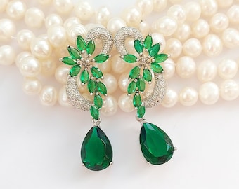 Emerald water drop long earrings, long green earrings