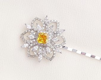 5-Petal Flower Hair Pin with Clear Zirconia and Yellow Zirconia Centerpiece - Single Pin, Set of 2, or Set of 3 Sizes