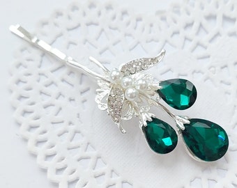 Silver Hair Pin with Emerald Green Flower Buds and Faux Pearl Accent - Elegant and Delicate Hair Accessory