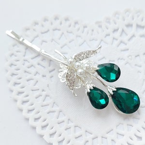 Silver Hair Pin with Emerald Green Flower Buds and Faux Pearl Accent - Elegant and Delicate Hair Accessory