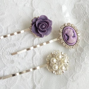 Purple hair pin set Dusky purple hair pin Cameo hair pins Violet hair clip Shabby chic bridal pins Heather bobby pin Purple pearl hair grip
