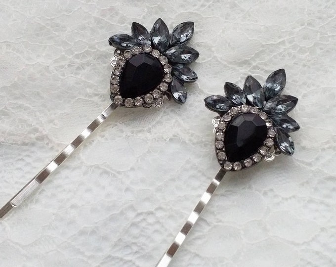 Black Hair Pins, Jewel Hair Pins, Black Wedding Hair Piece, Black