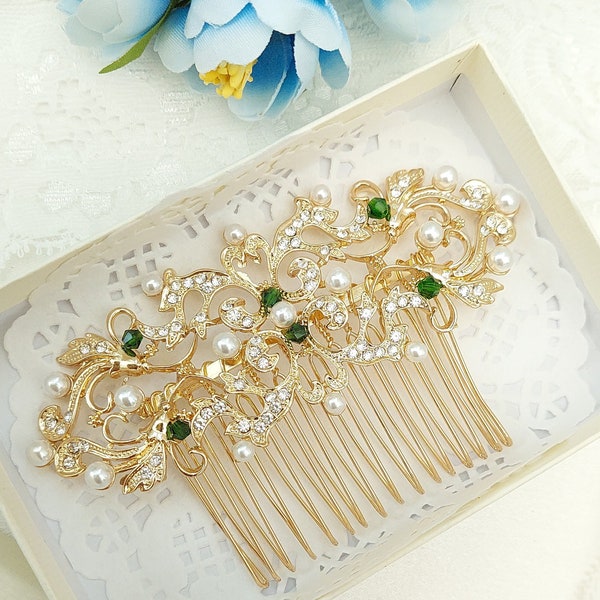 Art Deco golden Hair Comb with pearls. 20's hair piece 30's hair clip for bride and bridesmaids. Gold hair clip with emerald green crystals