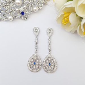 Long Earrings sapphire blue Edwardian earrings Bride chandelier Earrings Gift for mum Something blue for bridePeriod wedding earrings