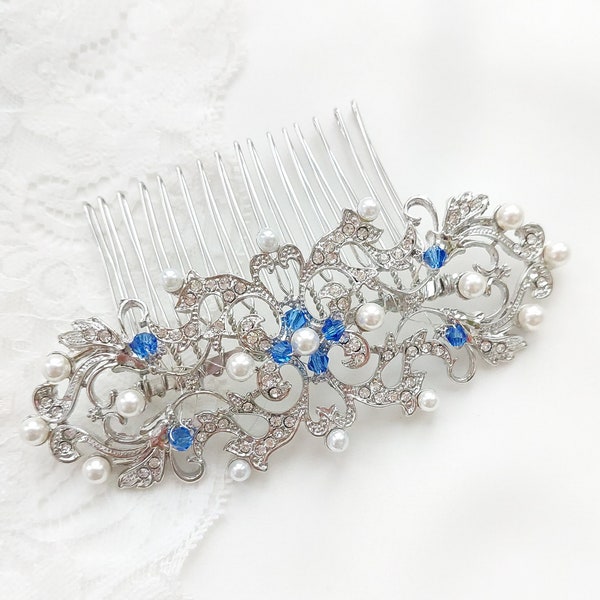 Art Deco silver Hair Comb with pearls and blue crystals. Bride hair accessories with pearls and blue crystals