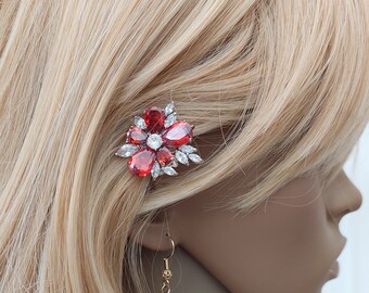 Red Swarovski hair pin Ruby red floral hair clip Poppy red flower pin Present for bride Red hair slide Gift for bridesmaids
