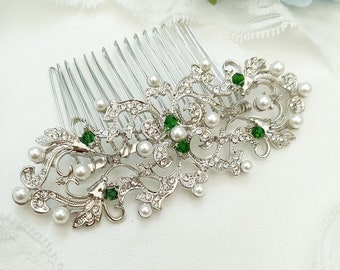Emerald green silver Hair Comb with pearls. 20's hair piece, 30's hair clip for bride and whimsical comb for veil.