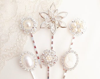 Mixed white hair pins with pearls flowers rhinestones and cameo , hair grips, pick your own hair slide