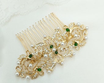 Edwardian Hair comb with intricate flower design - Gold with emerald green whimsical veil hair piece