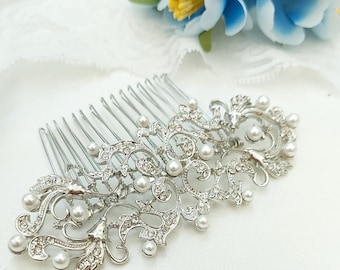 Pettine per capelli in argento con perle. Posto per capelli anni '20, fermaglio per capelli anni '30 per la sposa e pettine stravagante per il velo.