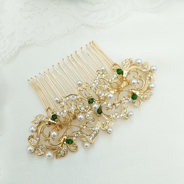 Edwardian Hair comb with intricate flower design - Gold with emerald green whimsical veil hair piece