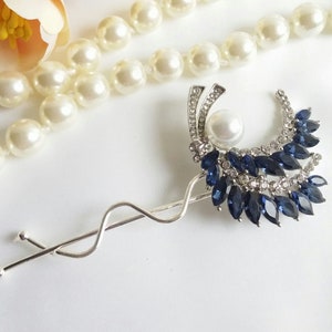 Sapphire Pearl silver Hair pin blue Pearl hair Clip, sapphire hair pin wedding hair clip Dark blue pearl bridal hair grip Something Blue