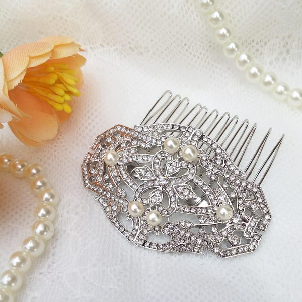 Silver crystal Hair Comb pearls Wedding Vintage styled hair clip Bridesmaids hair clip Small bridal comb Art Deco 20's 30's  SALE 51