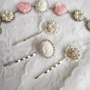 Rhinestone white pearl hair pin set, pearl sparkly hair pin, cameo pearl hair pins, shabby chic bridal pin, Marie Antoinette pin, OOAK