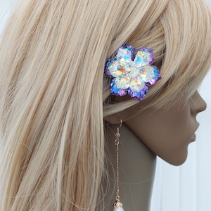 Purple Swarovski hair pin Purple floral hair clip Violet Aurora Borealis flower pin Present for bride unusual AB Rainbow hair clip