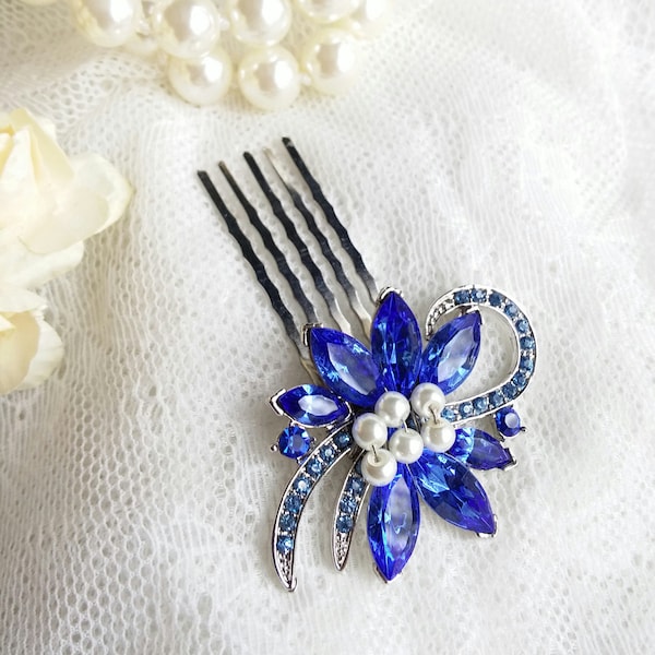 Wedding Hair pin, Sapphire Crystal Bride headpiece, Vintage headpiece, Royal blue wedding hair comb, Royal blue hair pin, floral hair comb
