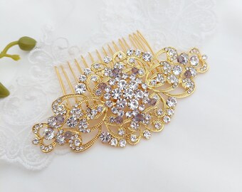 Big and delicate gold Hair Comb with amethyst purple crystals