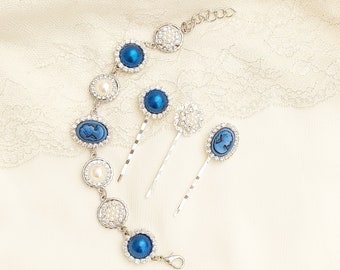 Blue cameo set of 3 Hair Pins with Rhinestones and Blue Cameo, pearl and small rose