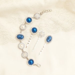 Blue cameo set of 3 Hair Pins with Rhinestones and Blue Cameo, pearl and small rose