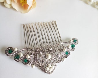 Silver green hair comb Emerald bridal hairpiece Dainty hair comb Flapper hair silver green wedding hair clip Art deco bride clip 1920 hair