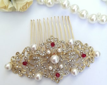 Gold crystal pearls Hair Comb with Dark red beads Edwardian Hair comb vintage headpiece Downton Abbey wedding Blood red bridal hair clip