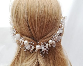 Bridal semi wrath hair piece with big pearls and flowers. Customizable. Fast shipping from England.