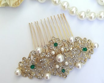 Gold emerald green crystal pearls Hair Comb Edwardian Hair comb vintage headpiece Downton Abbey wedding Emerald green bridal hair clip