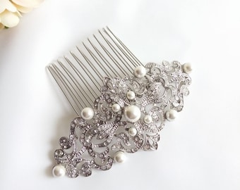 Silver crystal pearl Hair Comb, Edwardian Haircomb, vintage headpiece, Downton Abbey wedding hair comb, crystals bridal clip