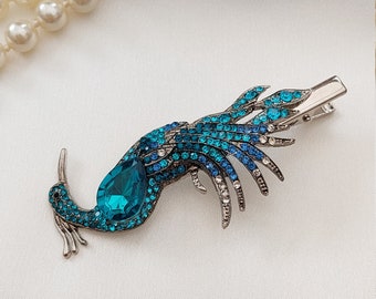 Turquoise peacock headpiece Turquoise aligator Hair Clip Turquoise headpiece Rhinestone peacock bridal hair pin Unusual phoenix hair clip